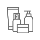 A group of four skincare product containers: a tube, a spray bottle, a pump bottle, and a jar, shown as a simple grey icon.
