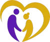 A purple and gold stylized logo showing two figures facing each other, joined by hands, enclosed within a heart outline.