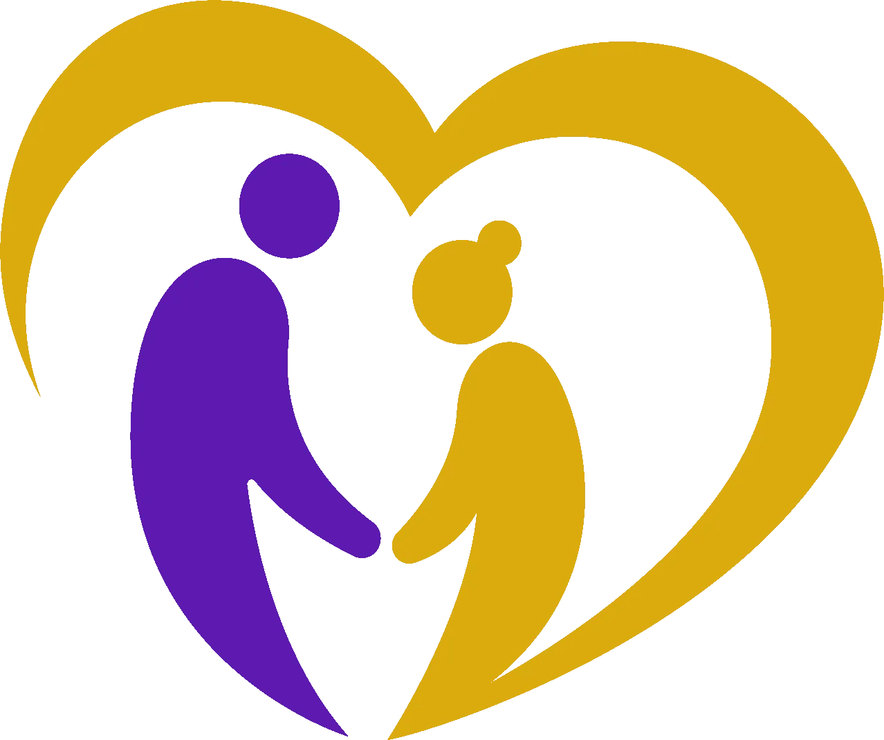 A purple and gold stylized logo showing two figures facing each other, joined by hands, enclosed within a heart outline.