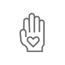 A simple gray line drawing of an open hand palm-up with a heart shape in the center.