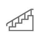 A simple gray line icon of a staircase with a handrail.