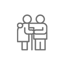 A line icon showing one person with an arm around another who is leaning on a cane, representing care or support.