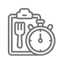 A grey icon featuring a clipboard with a fork symbol next to a stopwatch, representing meal timing or a diet plan.