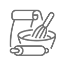 A line icon showing a bag of flour, a bowl with a whisk, and a rolling pin, representing baking.