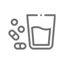 A grey outline icon showing two circular pills, two capsule pills, and a glass of water.