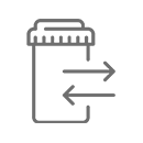 A grey outline icon of a pill bottle with an arrow pointing out to the right and an arrow pointing in to the left.