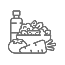 A line-art icon showing a bottle next to a bowl of salad, a whole tomato, and a carrot.