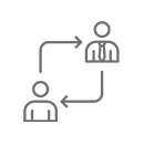Icon of two stylized figures connected by a circular arrow, representing an exchange or interaction between two people.