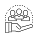 A stylized icon of an open hand supporting a group of three human figures, framed by a dotted semi-circle above.