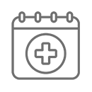 A gray line-art icon of a calendar with a medical cross symbol in the center.