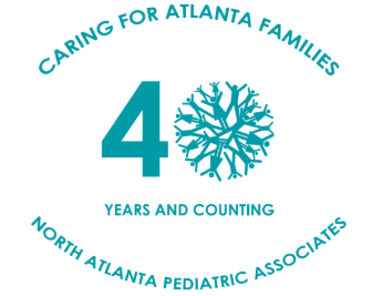 North Atlanta Pediatric Associates 40th anniversary logo in teal with “Caring for Atlanta Families” and “Years and Counting”