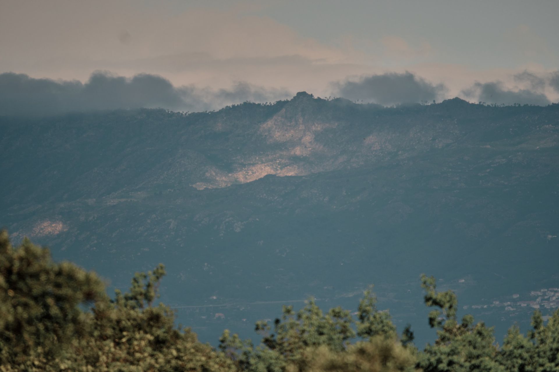 A mountain range with trees in the foreground and a cloudy sky in the background.