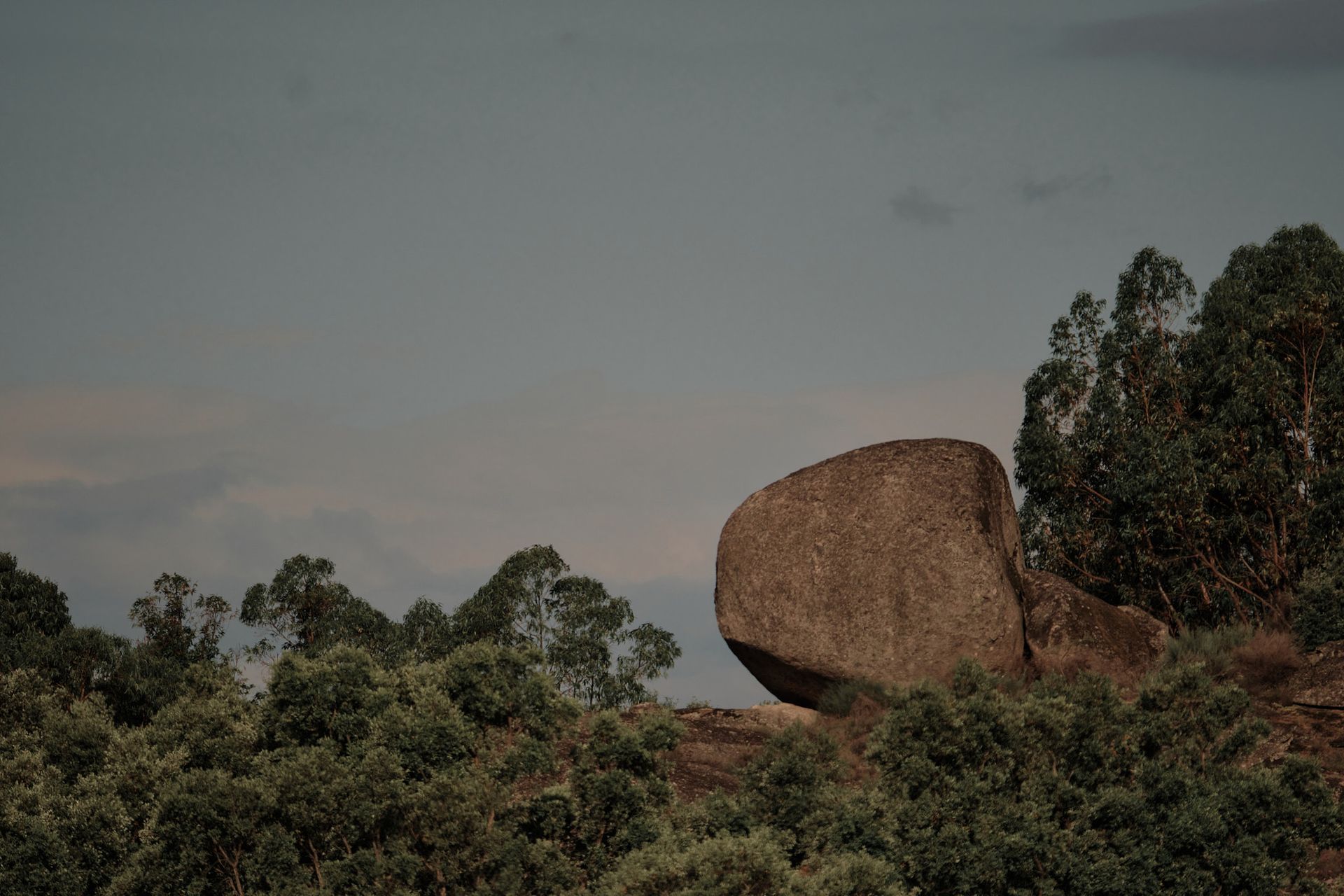 A large rock sitting on top of a hill surrounded by trees.