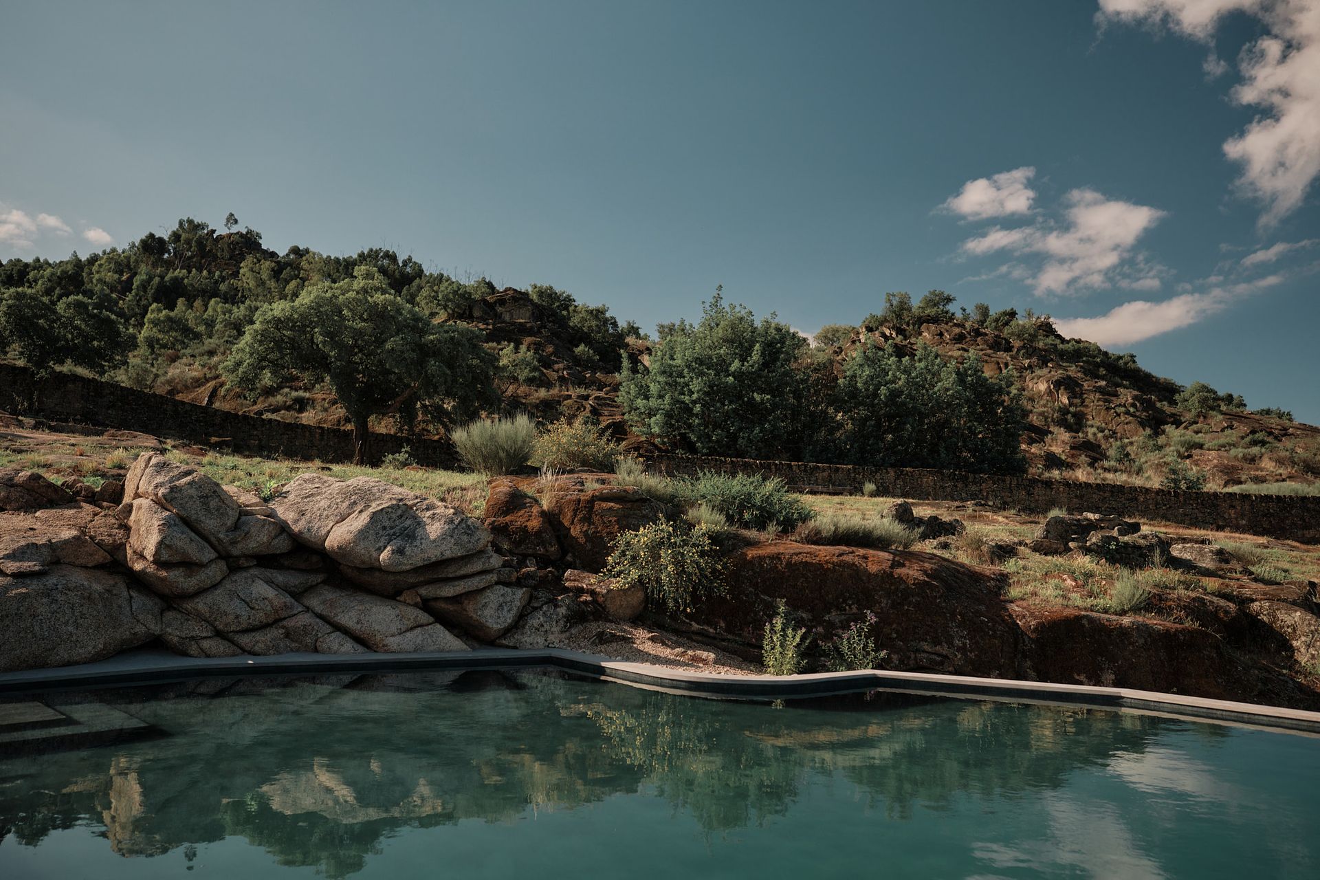 A swimming pool surrounded by rocks and trees with a mountain in the background.