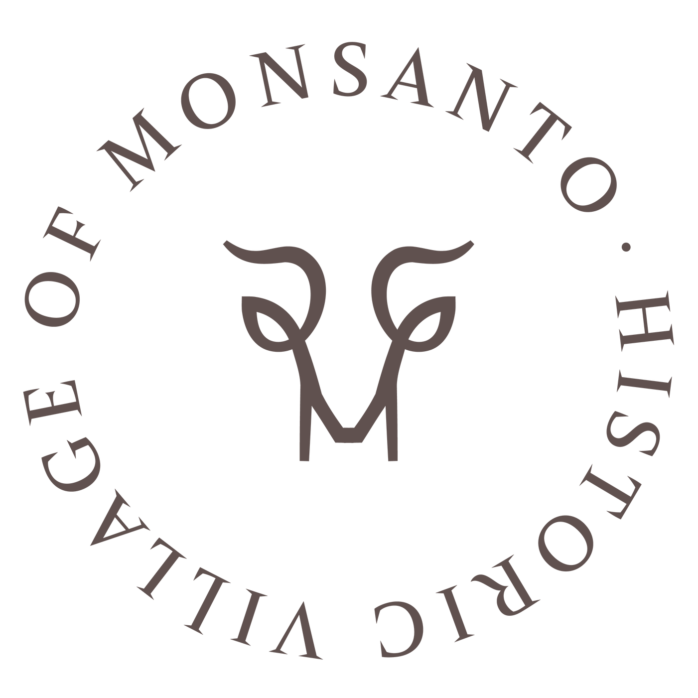 Selo vintage da Monsanto em preto e branco com texto circular e monograma estilizado ao centro.