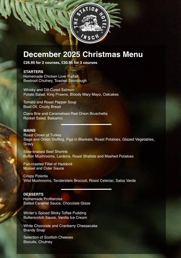 Festive season menu 2025 for The Station Hotel Insch