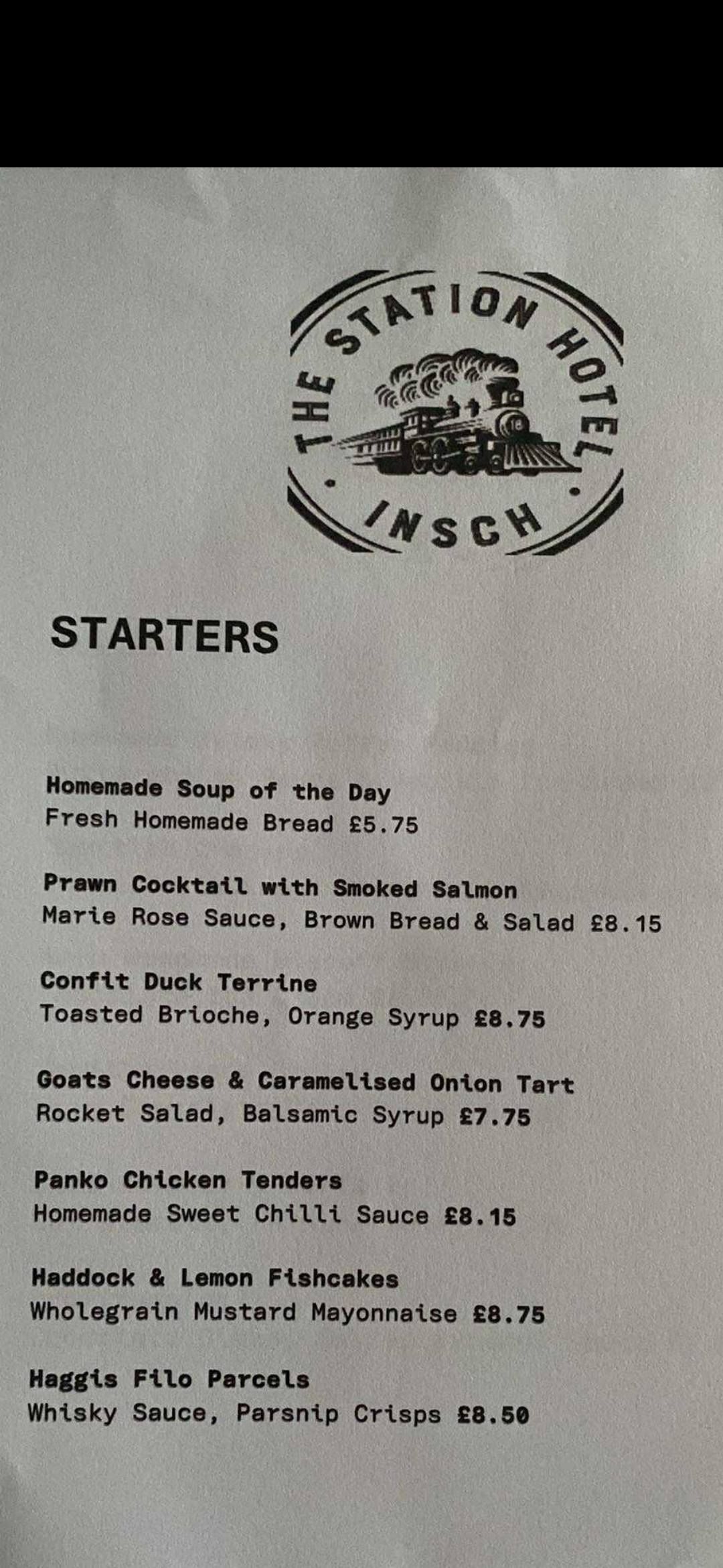 The latest Starters menu for The Station Hotel Insch restaurant