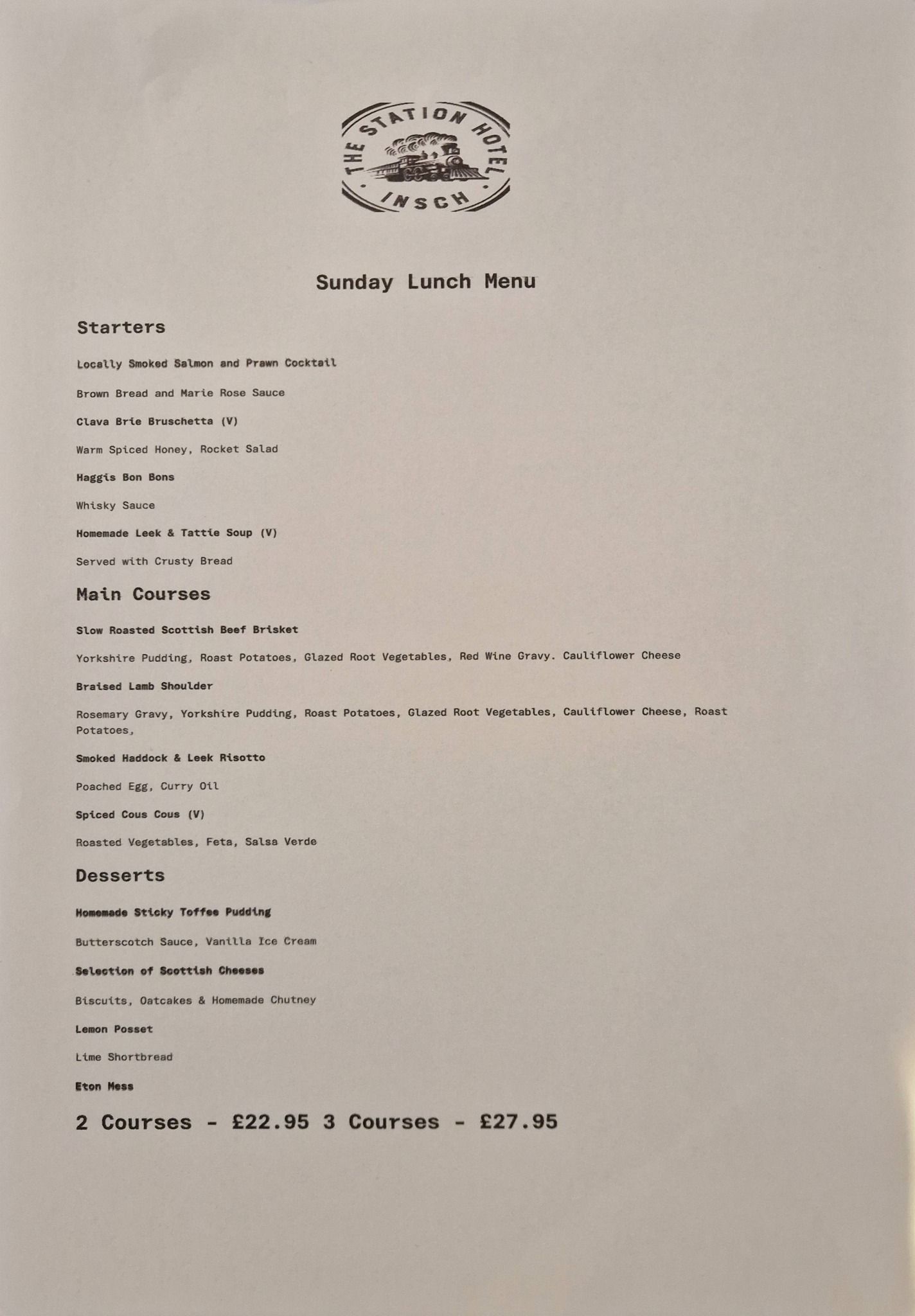 New additions to the ever popular Sunday Lunch Menu at The Station Hotel Insch