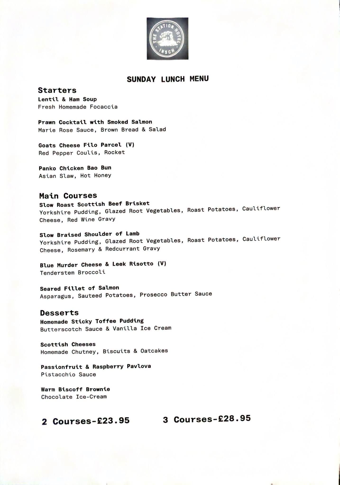 A menu showing the dining choices available for Sunday lunch on August 30th 2026