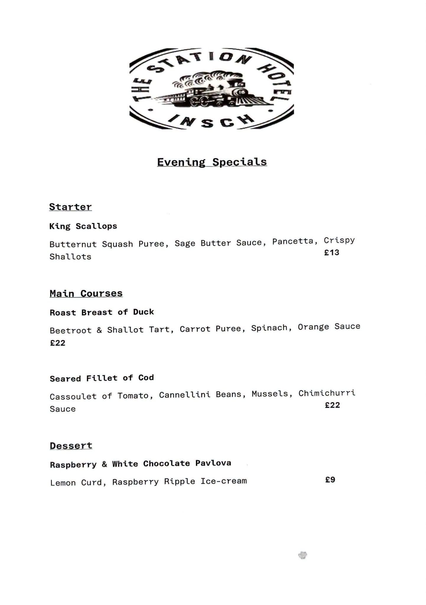Evening specials' menu for 6th, 7th and 8th August, 2026