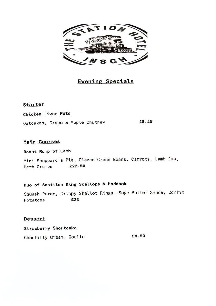 A menu showing the choices available for dinner at the Station Hotel Insch from 13th to 15th August, 2026