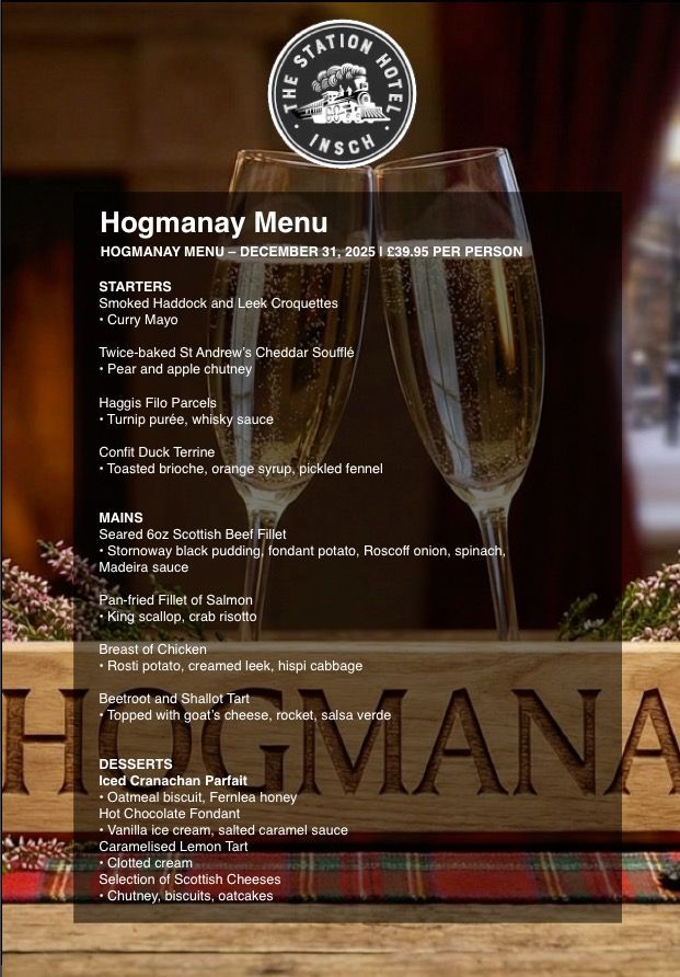 A menu printed over a background of champagne glasses clinking with the title Hogmanay