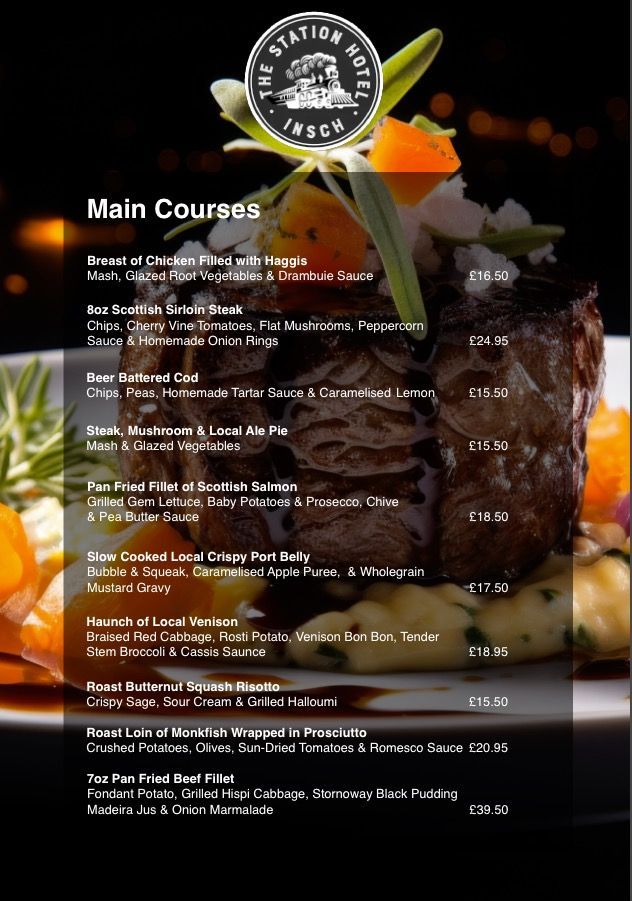 Main Course Main Course Menu at The Station Hotel, Insch, Aberdeenshire, Scotland.
