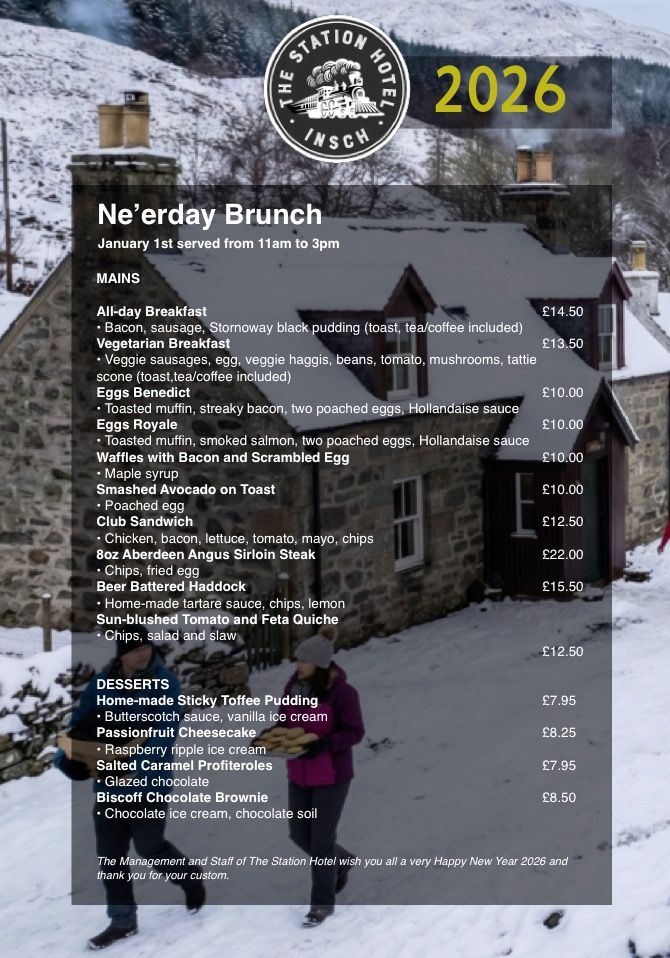 The menu for Ne'erday Brunch 2026 at The Station Hotel Insch