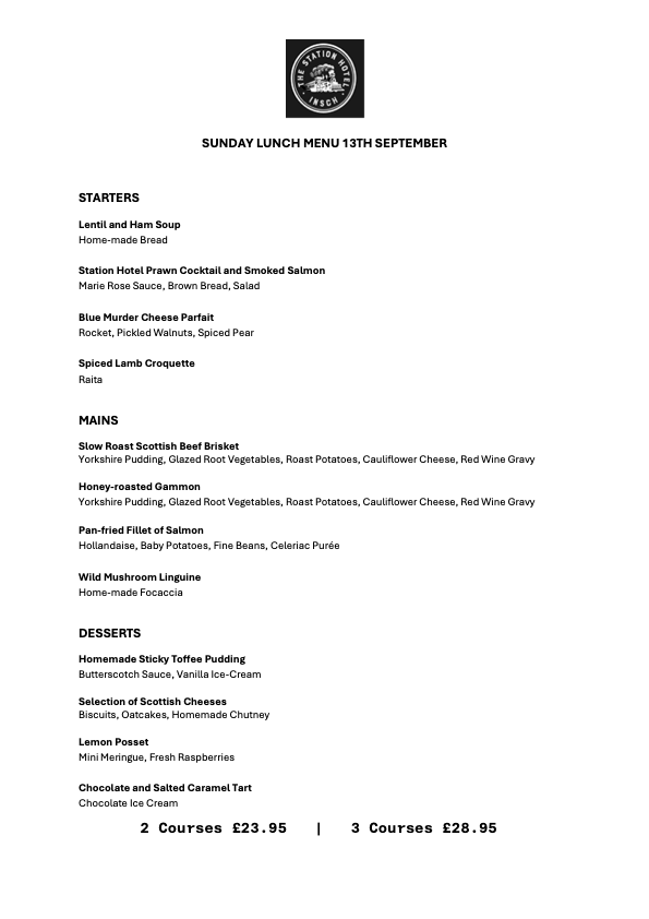 Sunday Lunch Menu 13th September 2026