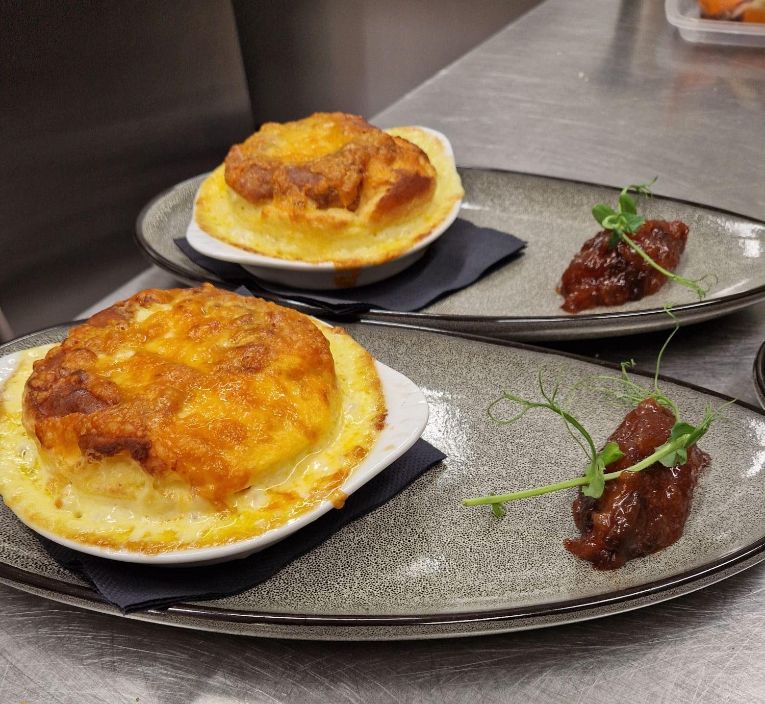 St Andrew's cheddar cheese soufflé with apple chutney
