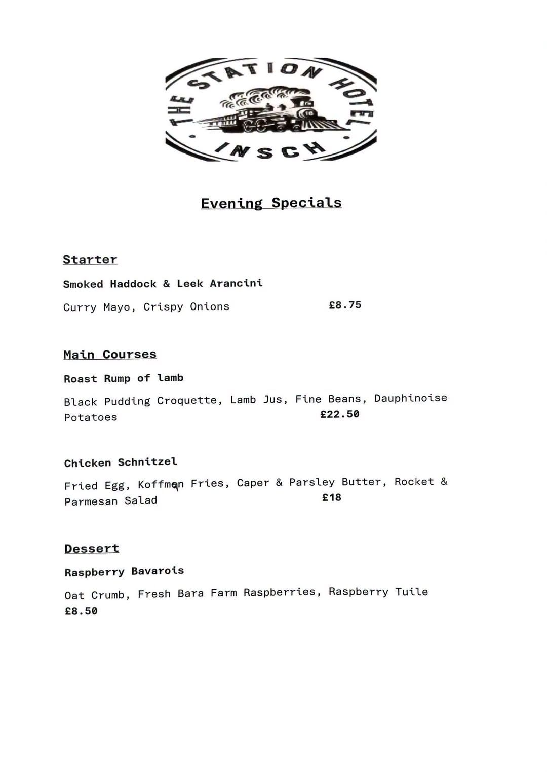 Menu showing evening specials at the Station Hotel Insch from 27th to 29th August inclusive