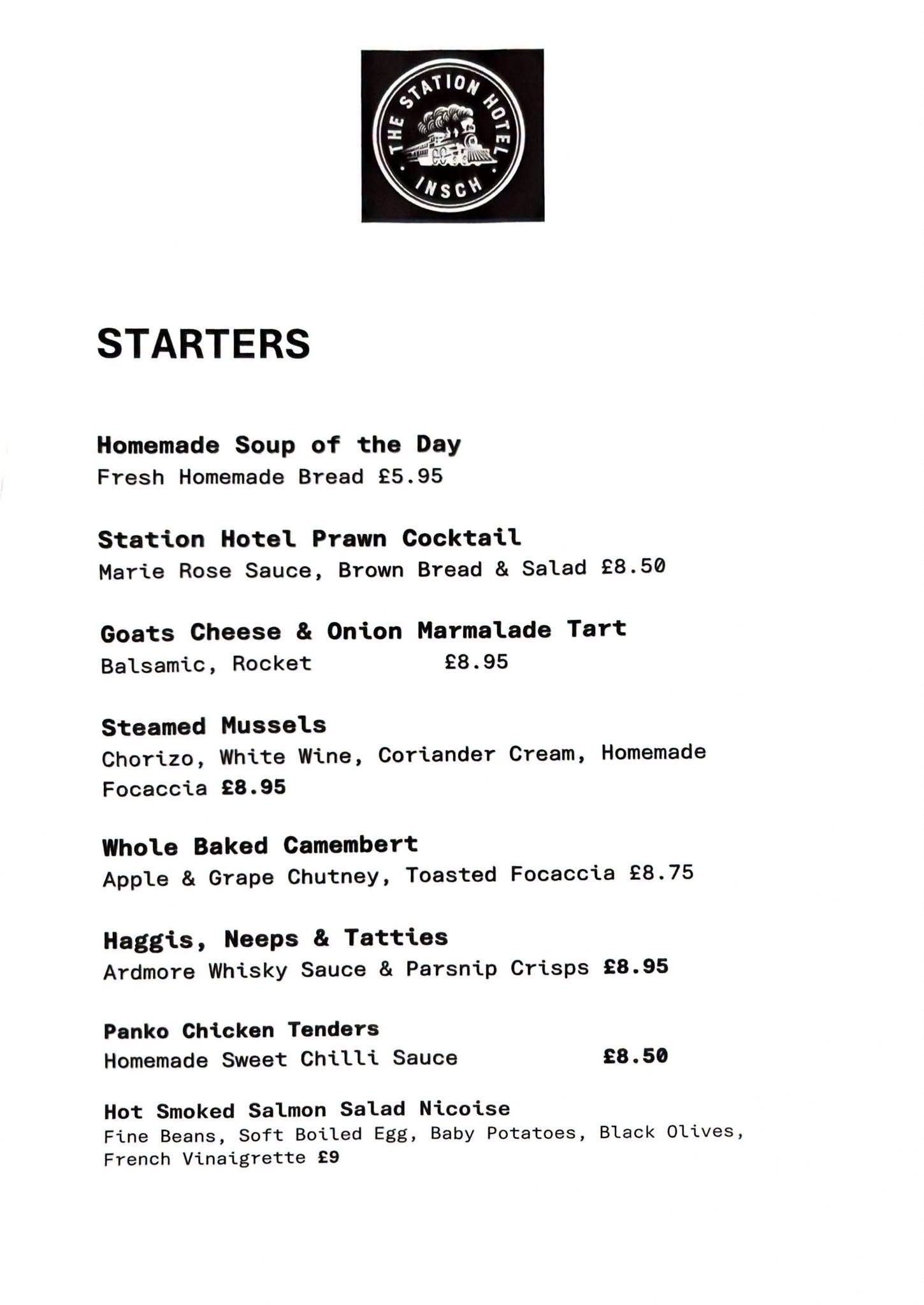 A menu including the range of starters on offer at The Station Hotel Insch