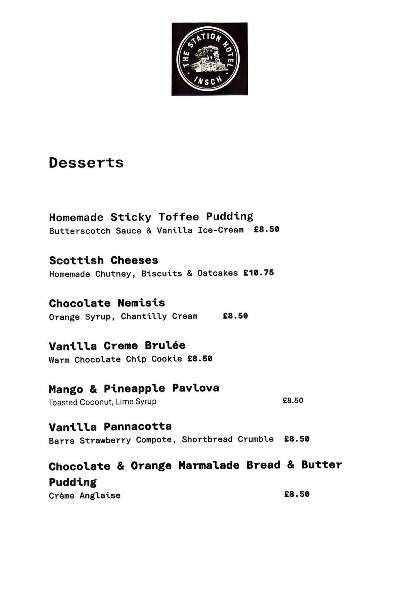 A Station Hotel Insch dessert menu
