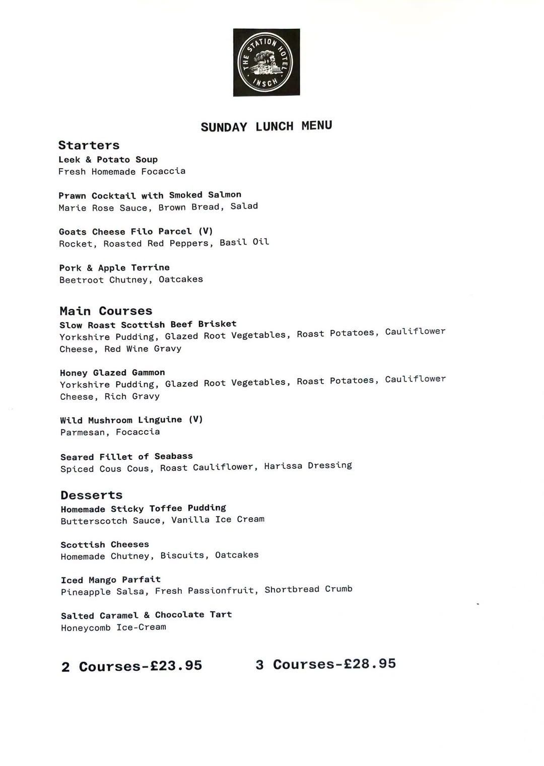 A restaurant menu for Sunday lunch at The Station Hotel Insch