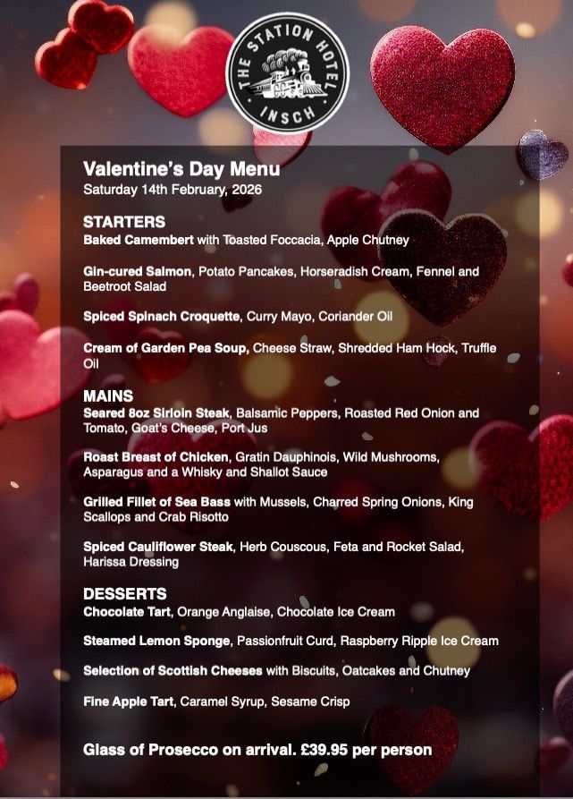 The Valentine's Day menu for February 14th, 2026, at The Station Hotel Insch restaurant.