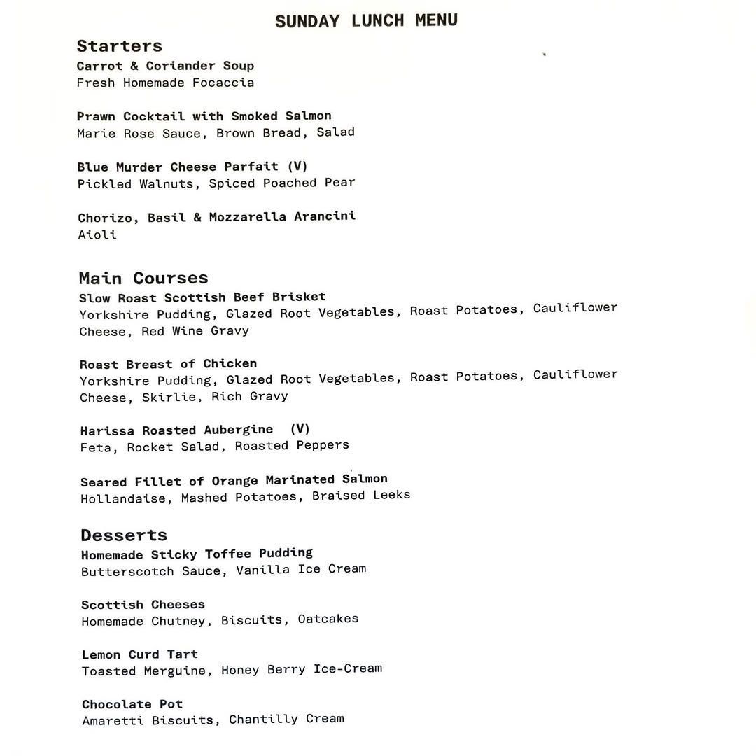 A typed Sunday lunch menu