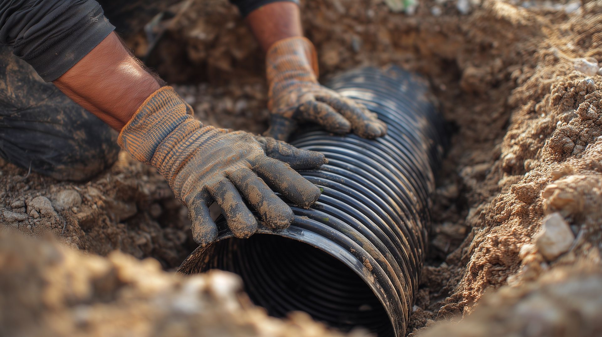 A professional technician performing drain field repair by installing a corrugated septic pipe.