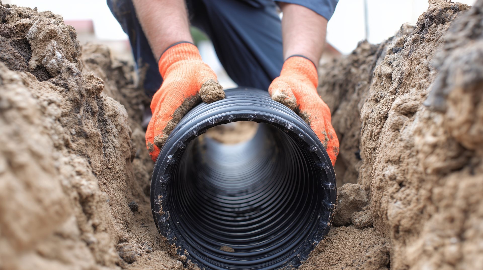 A technician in orange gloves installing a corrugated pipe during a drain field repair project. A technician in orange gloves installing a corrugated pipe during a drain field repair project.