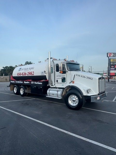 White septic tank truck in a parking lot with a blue sky.