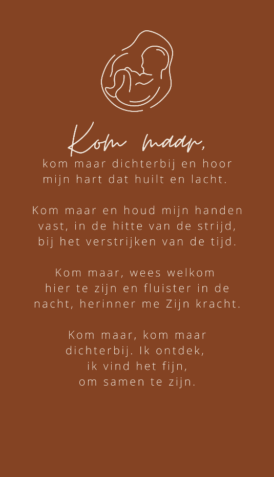 Handgeschreven Nederlands gedicht in wit op een roestbruine achtergrond met een getekend gezicht bovenaan.