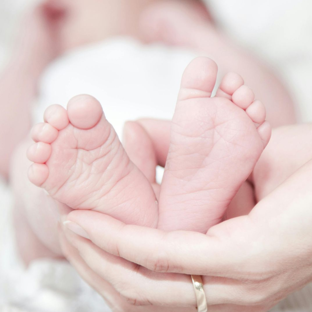 Pasgeboren babyvoetjes gekoesterd in volwassen handen, zachte roze tinten