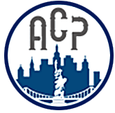 A logo for a company called acp with a city skyline and a statue of liberty.