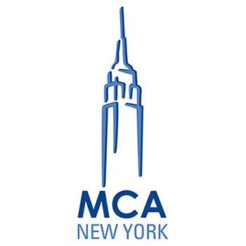 A blue and white logo for mca new york