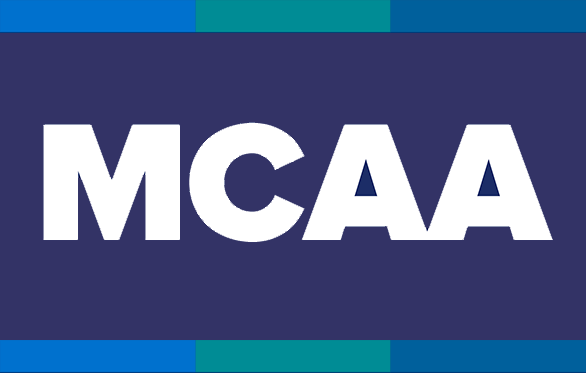 The mccaa logo is on a blue and green background