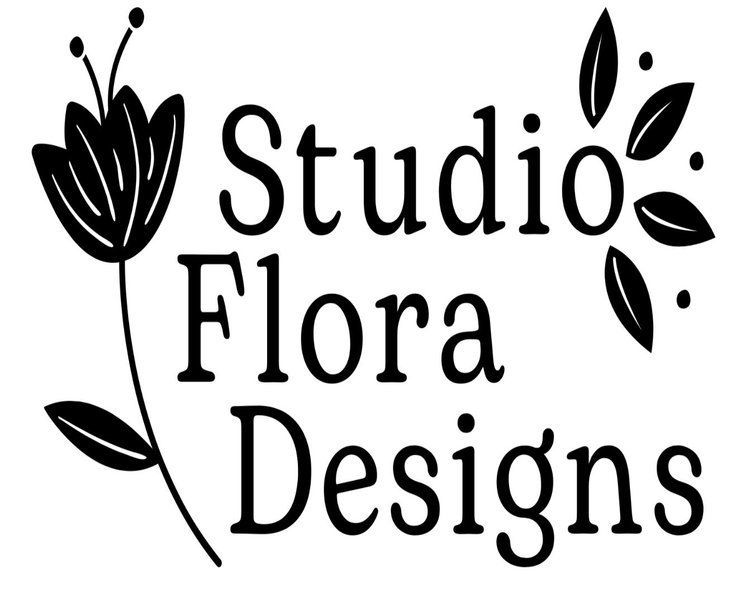 A black and white logo for studio flora designs with a flower and leaves.