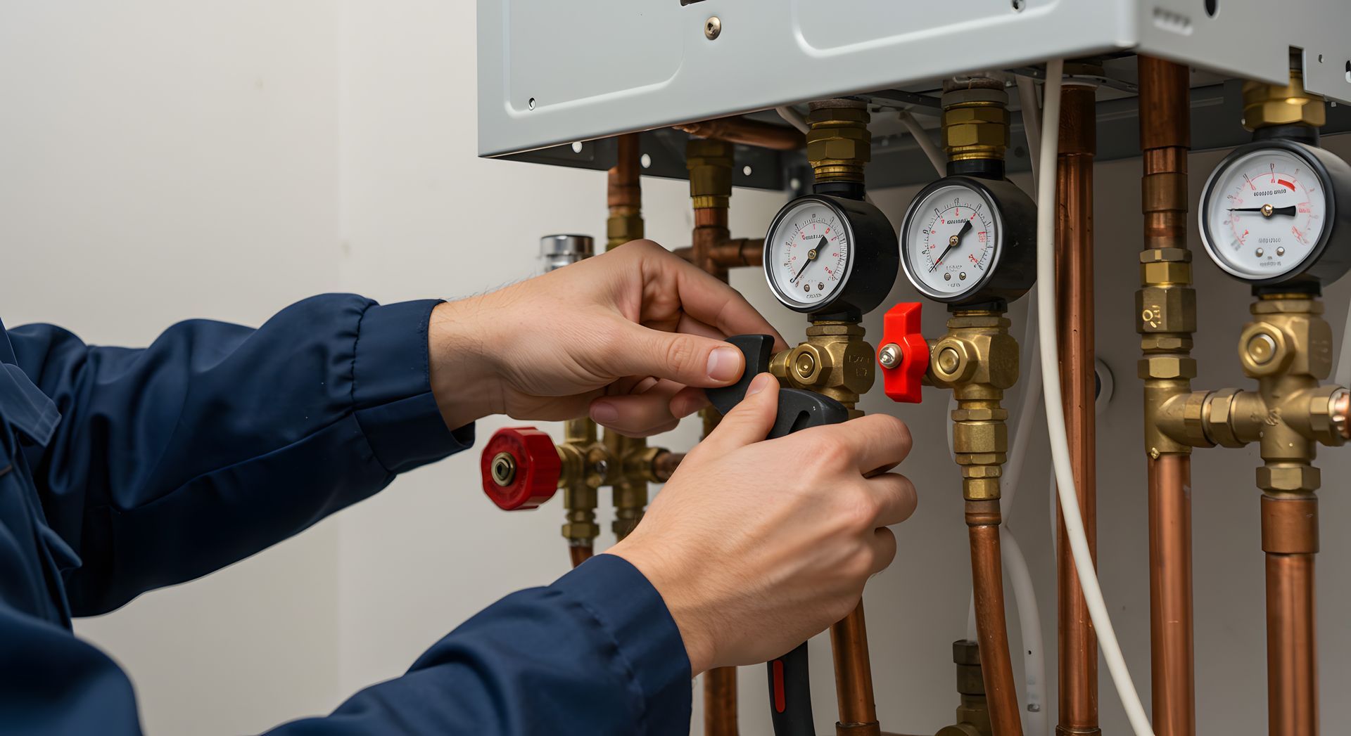 Technician adjusting valves and gauges on a water heater system with copper pipes.