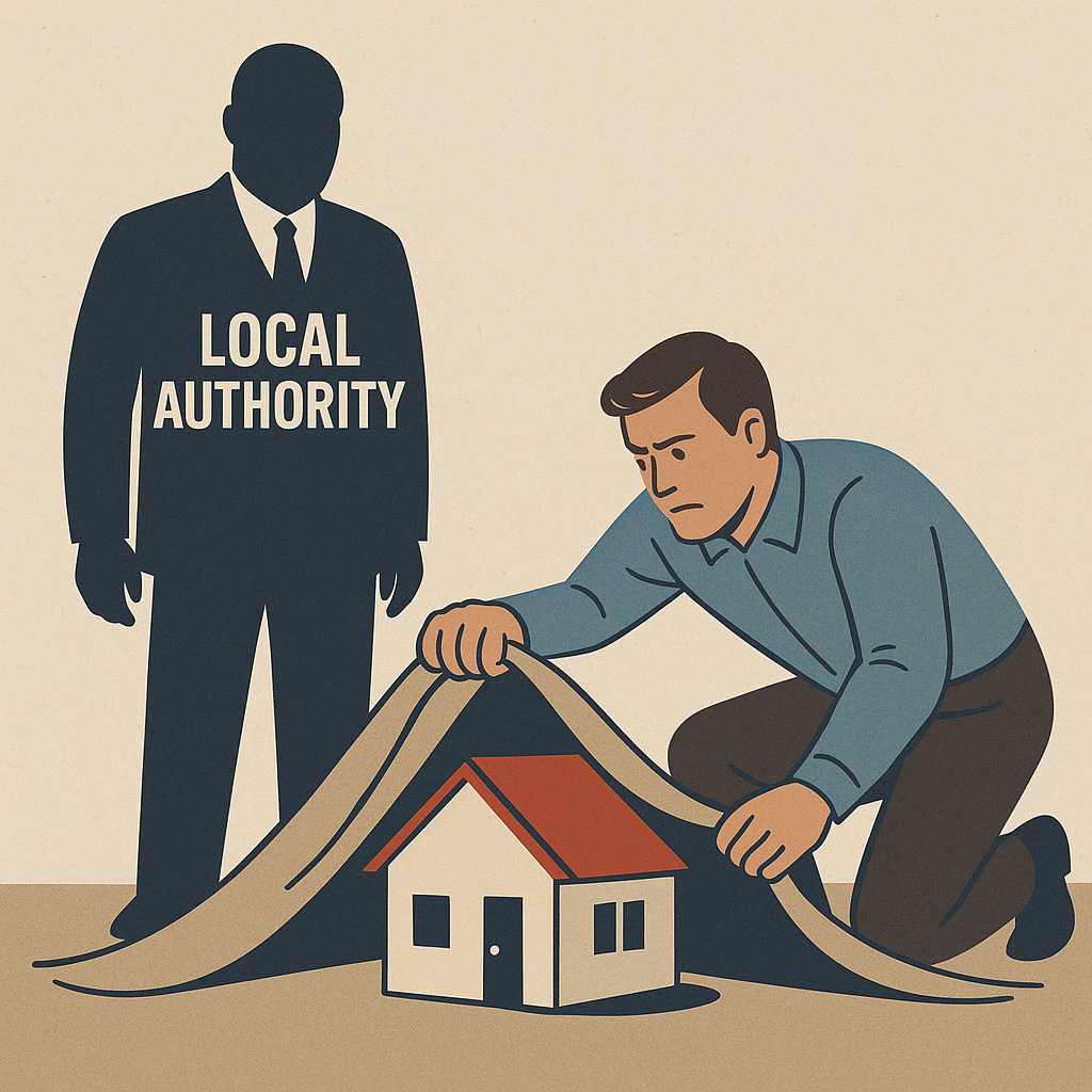 Illustration of a man trying to hide a house under a rug while a Local Authority figure watches, 