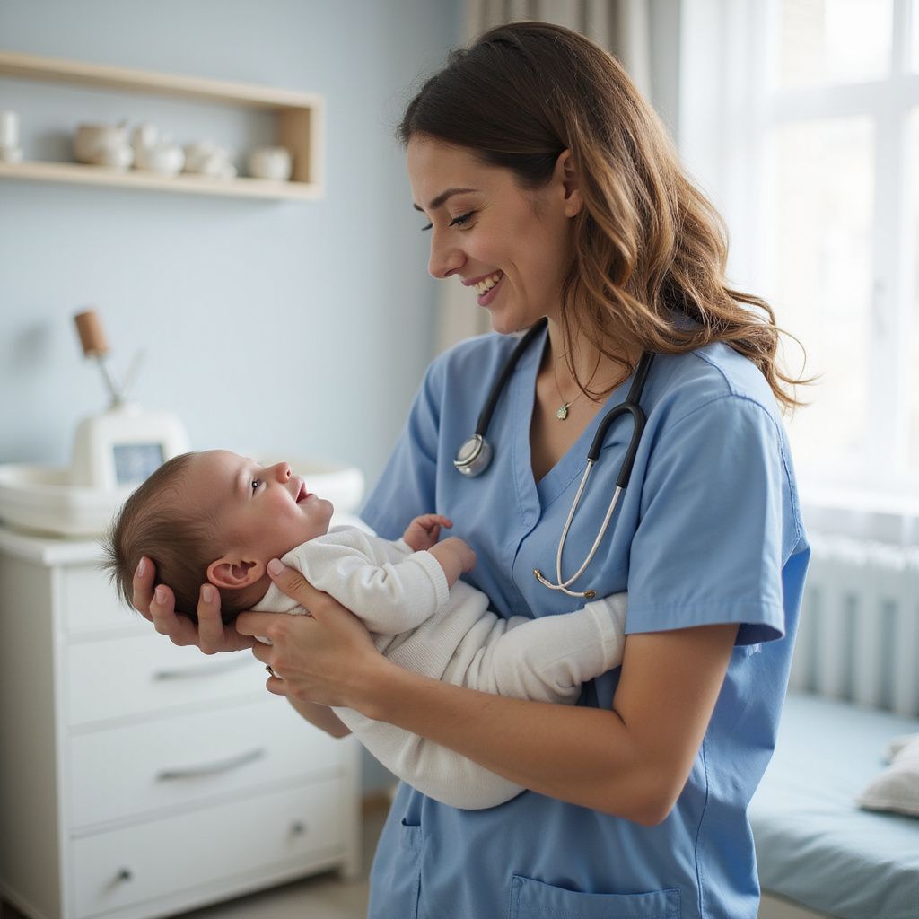 Nurse in blue scrubs holding a smiling baby in a nursery.