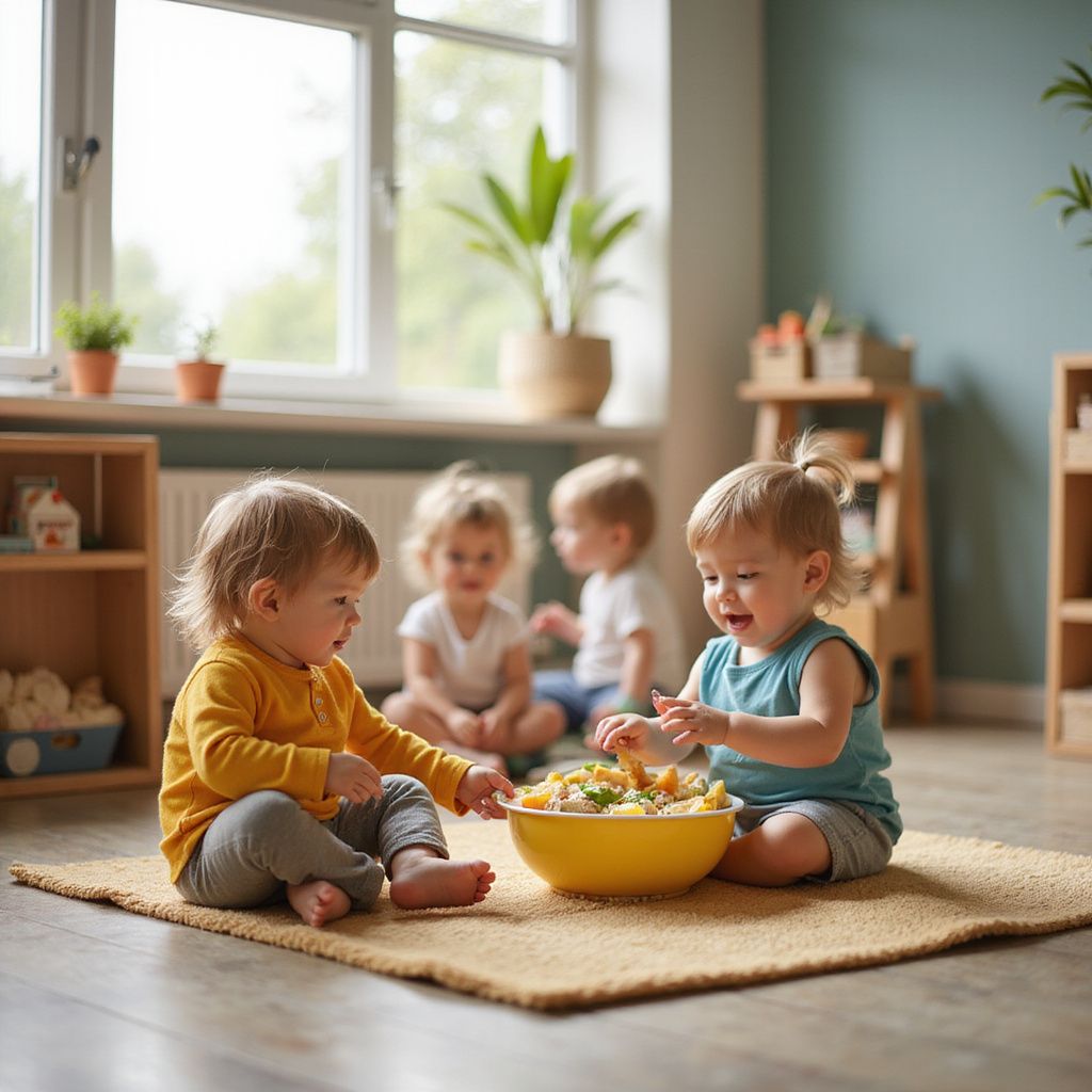 Four babies sitting on a rug, one sharing food with another. Two babies are seated near a window.