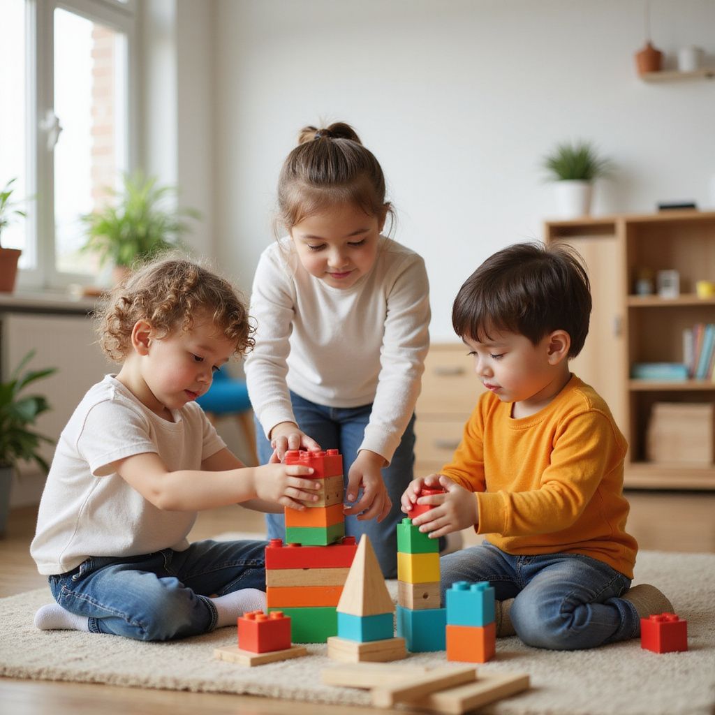 Three children building a tower with colorful blocks on a rug indoors.